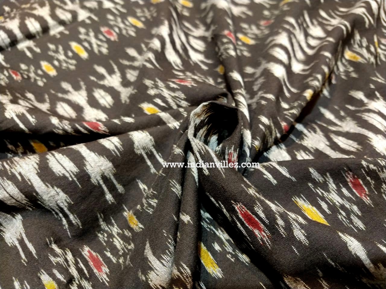 White Tribal on Black with Red & Yellow Motif Cotton Ikat  Fabric