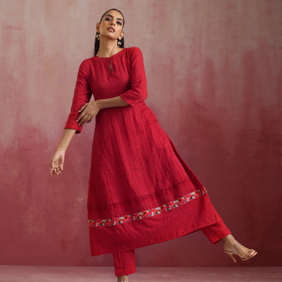 trueBrowns Red Cotton Dobby Flared Kurta Set