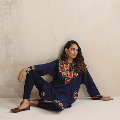 trueBrowns Blue Kashmiri Embroidered Woollen Phiran Kurta