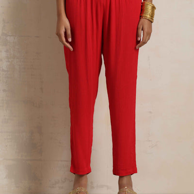 trueBrowns Red Crinkle Anarkali Kurta Pant Dupatta Set