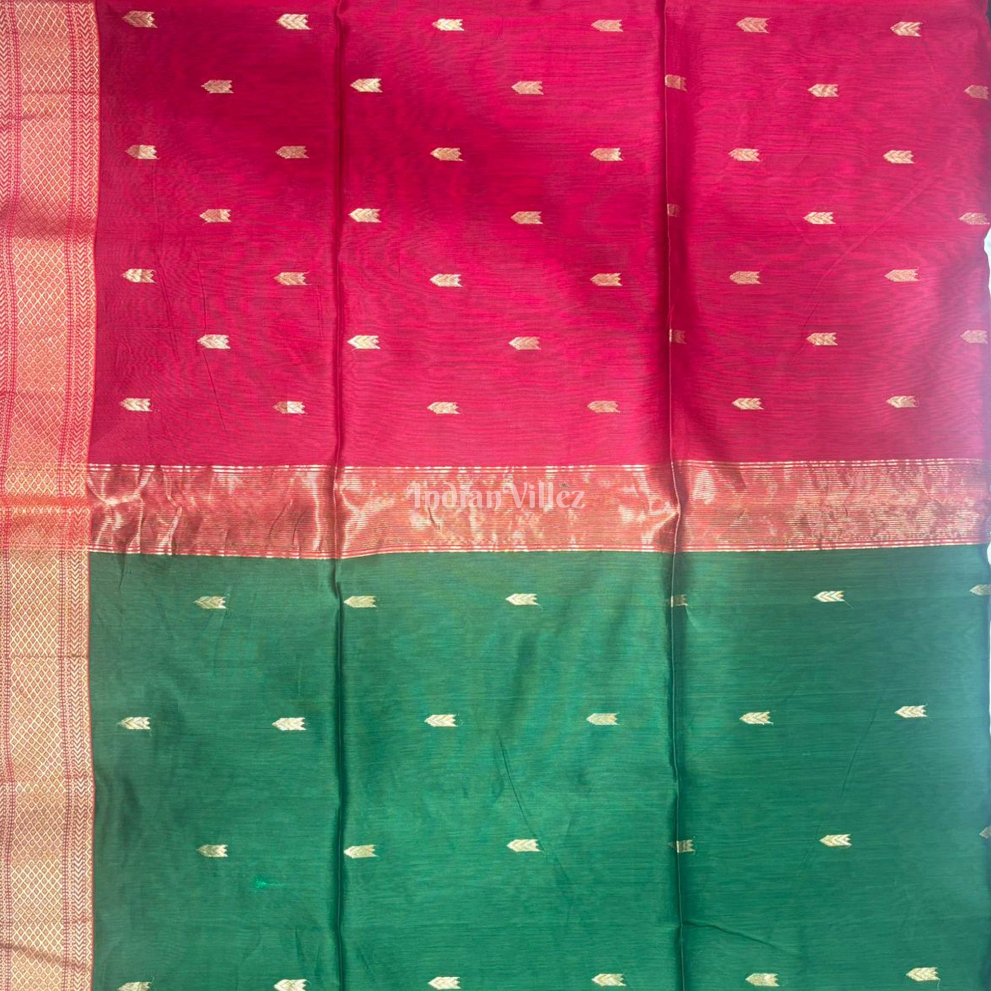 Bottle Green Butta Design Pure Silk Cotton Maheshwari Saree with Zari Border