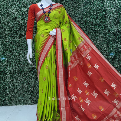 Lime Green & Red Swastik & Kumbha Design Sambalpuri Saree