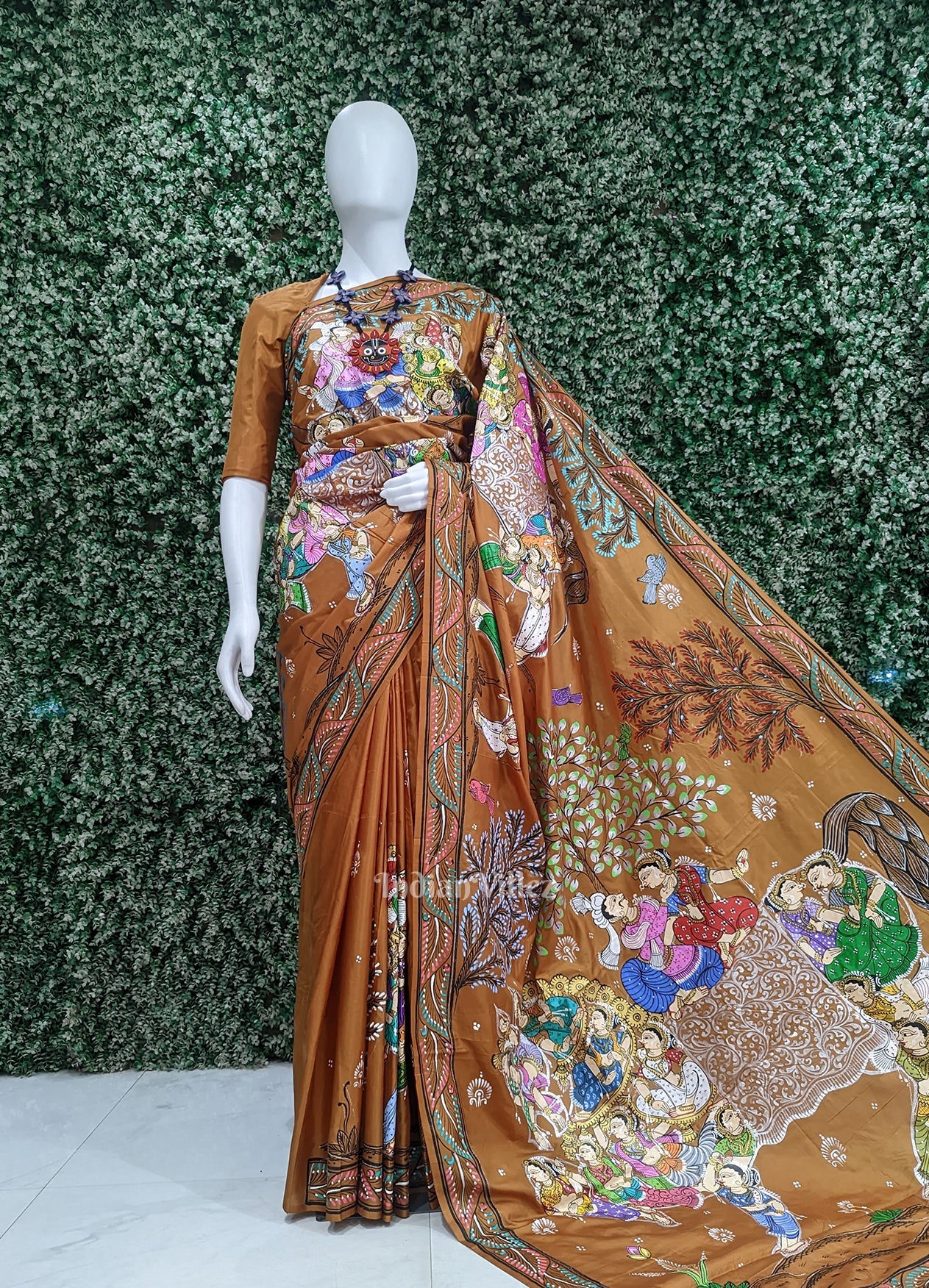Metallic Bronze Kandarpa Ashwa Hand-Painted Pattachitra Saree