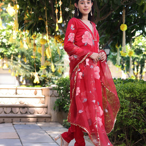Raspberry Blush Red Handpainted Satin Suit Set