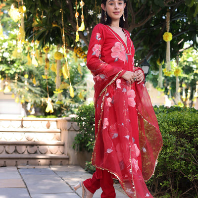 Raspberry Blush Red Handpainted Satin Suit Set