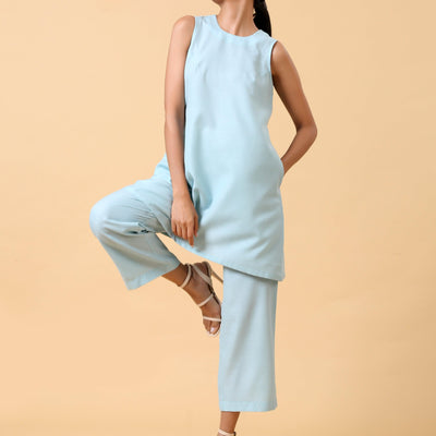 Cotton Linen Light Blue Sleeveless Co-Ord Set | Relove
