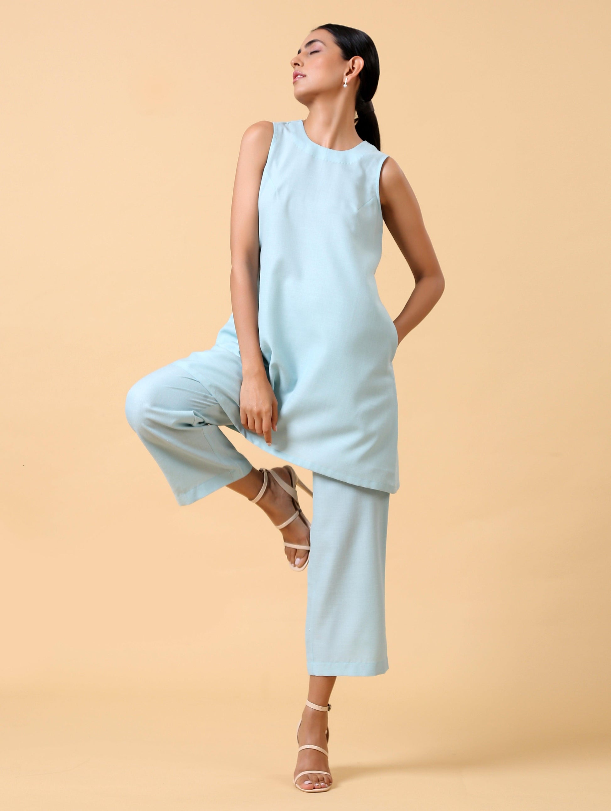 Cotton Linen Light Blue Sleeveless Co-Ord Set | Relove