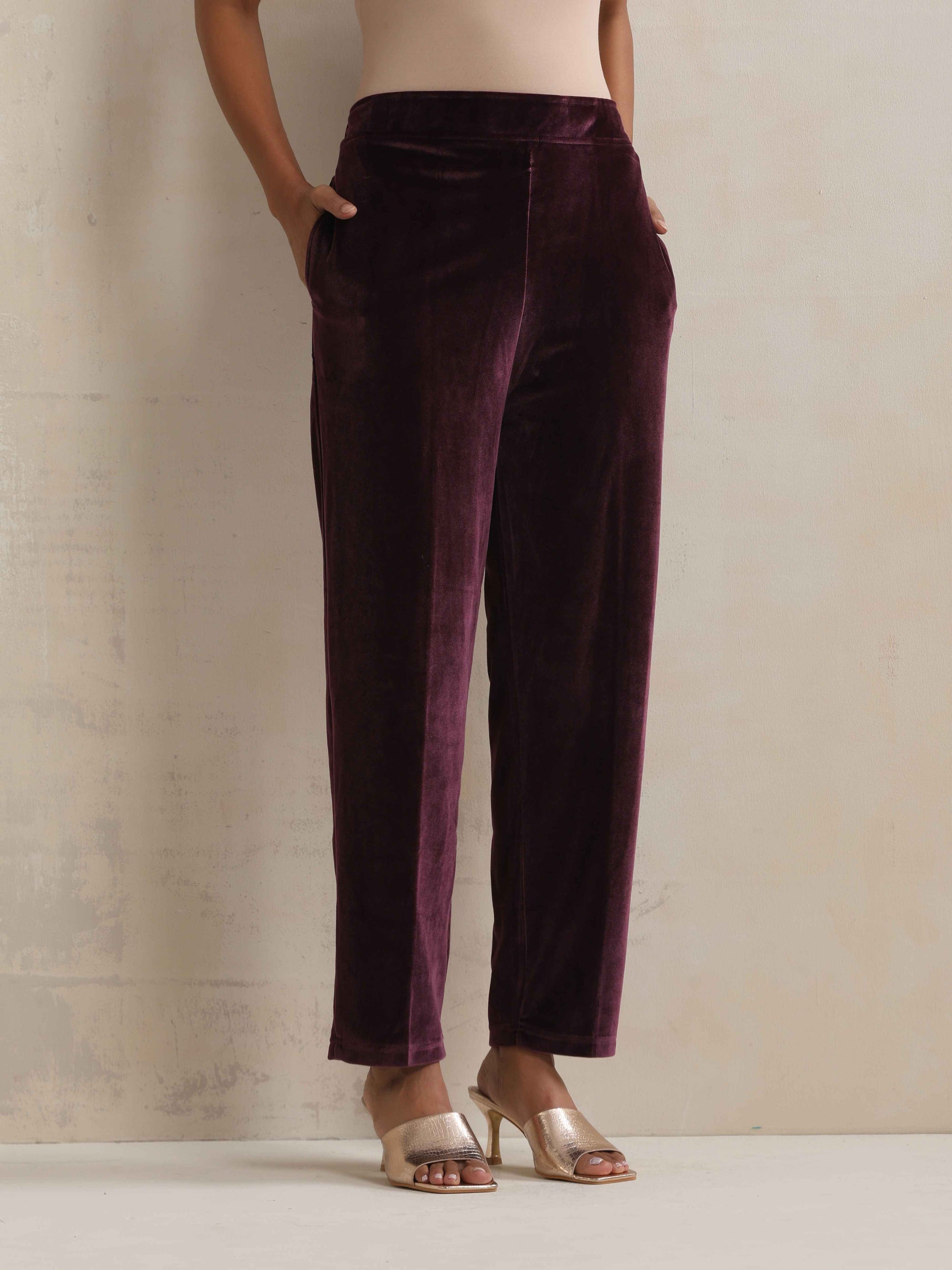 trueBrowns Purple Velvet Floral Embroidered Kurta Pant Dupatta Set