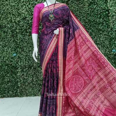 Purple Pink Flower Design Sambalpuri Pure Silk Saree