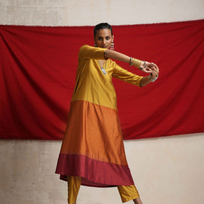 trueBrowns Gold Orange Silk A-line Kurta Set