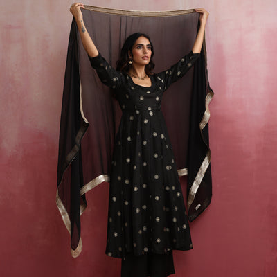 trueBrowns Black Viscose Silk Kurta Dupatta Set
