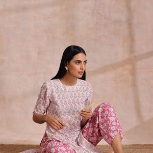 Pink Green Floral On White Block Print Cotton Slit Kurta Pant Set | Relove