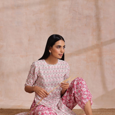 Pink Green Floral On White Block Print Cotton Slit Kurta Pant Set | Relove