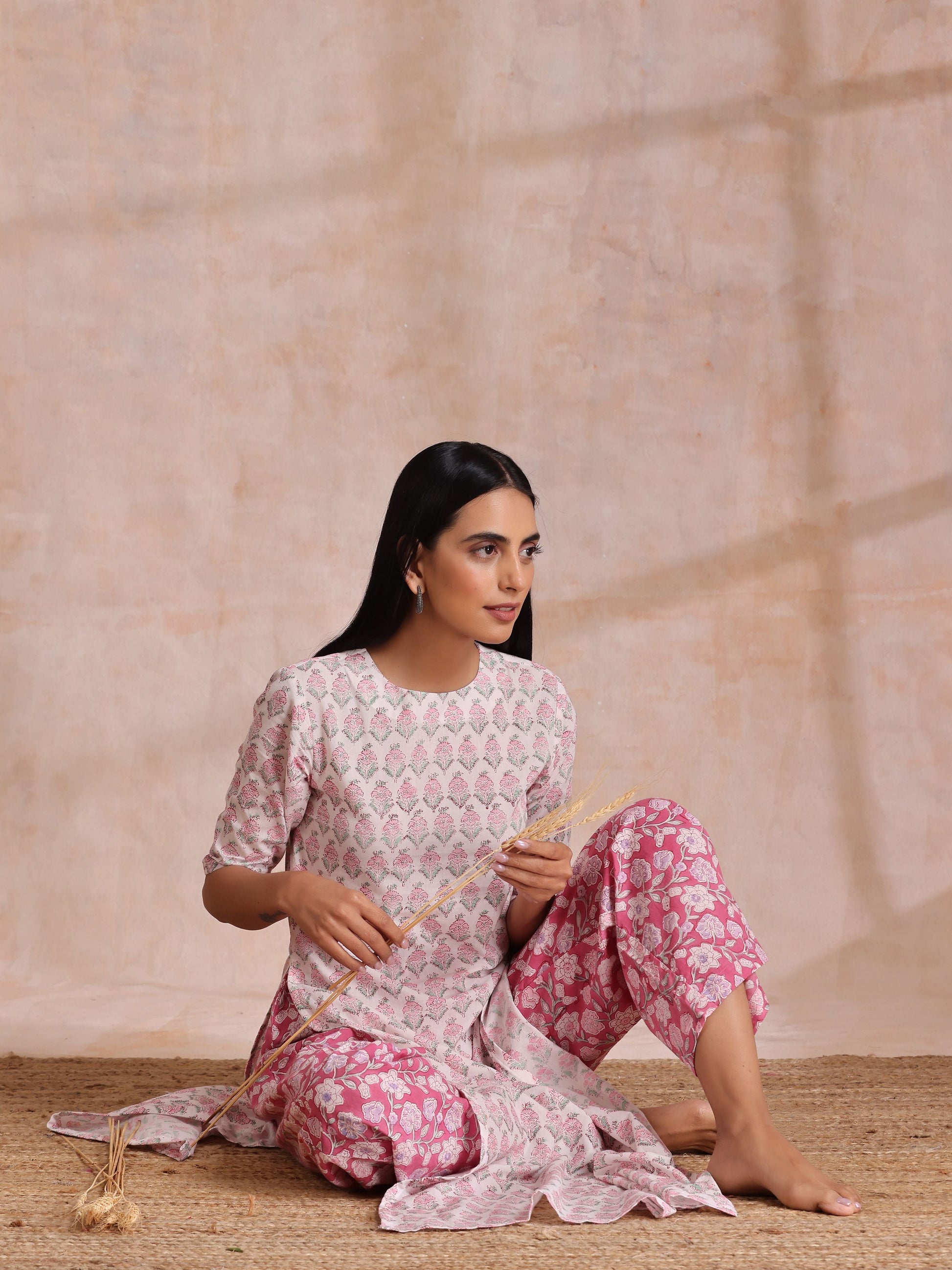 Pink Green Floral On White Block Print Cotton Slit Kurta Pant Set | Relove