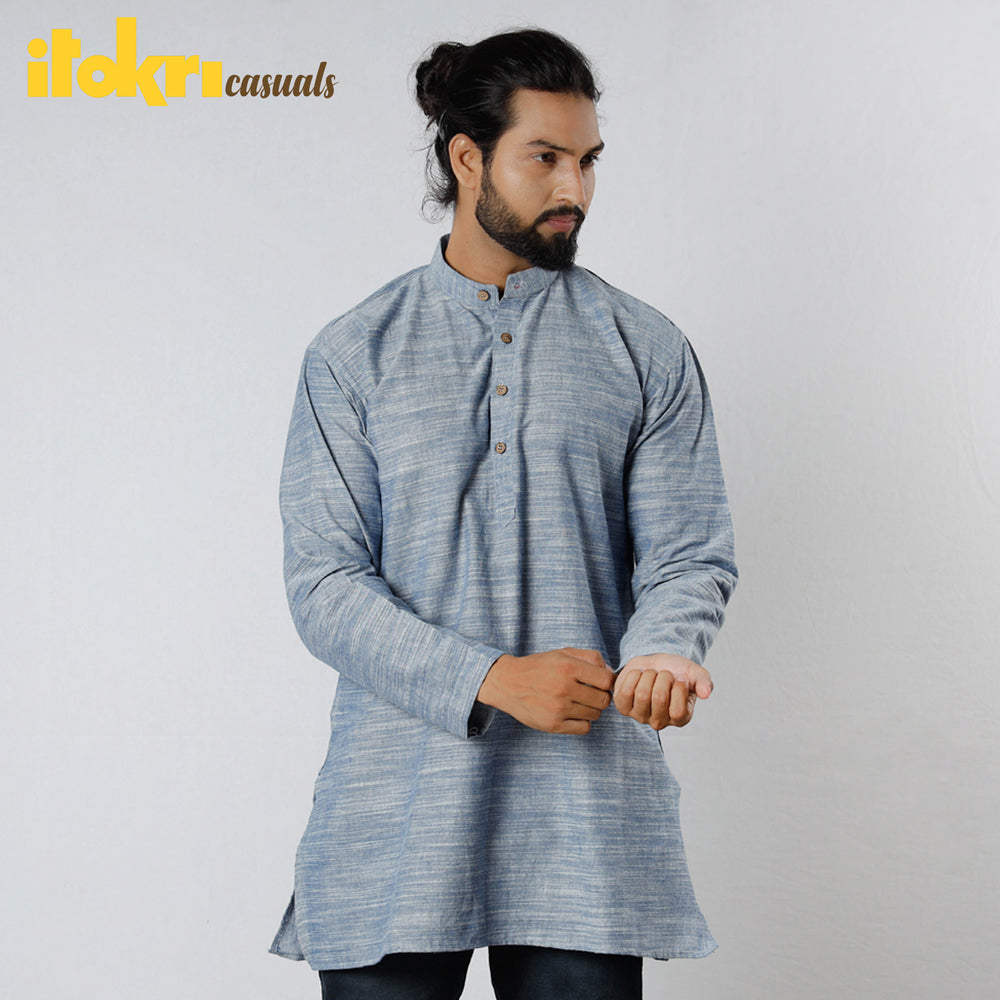 Grey - Handloom Cotton Men Short Kurta