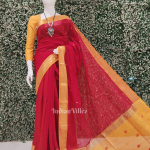 Deep Red Yellow Pure Silk Cotton Maheshwari Saree