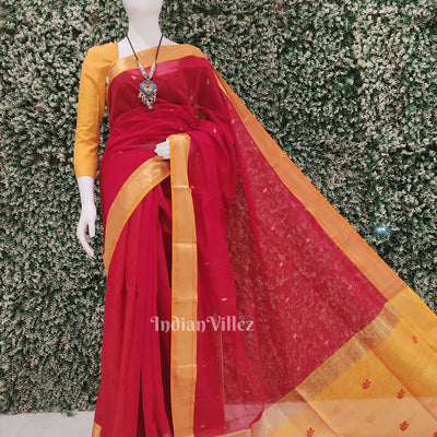 Deep Red Yellow Pure Silk Cotton Maheshwari Saree