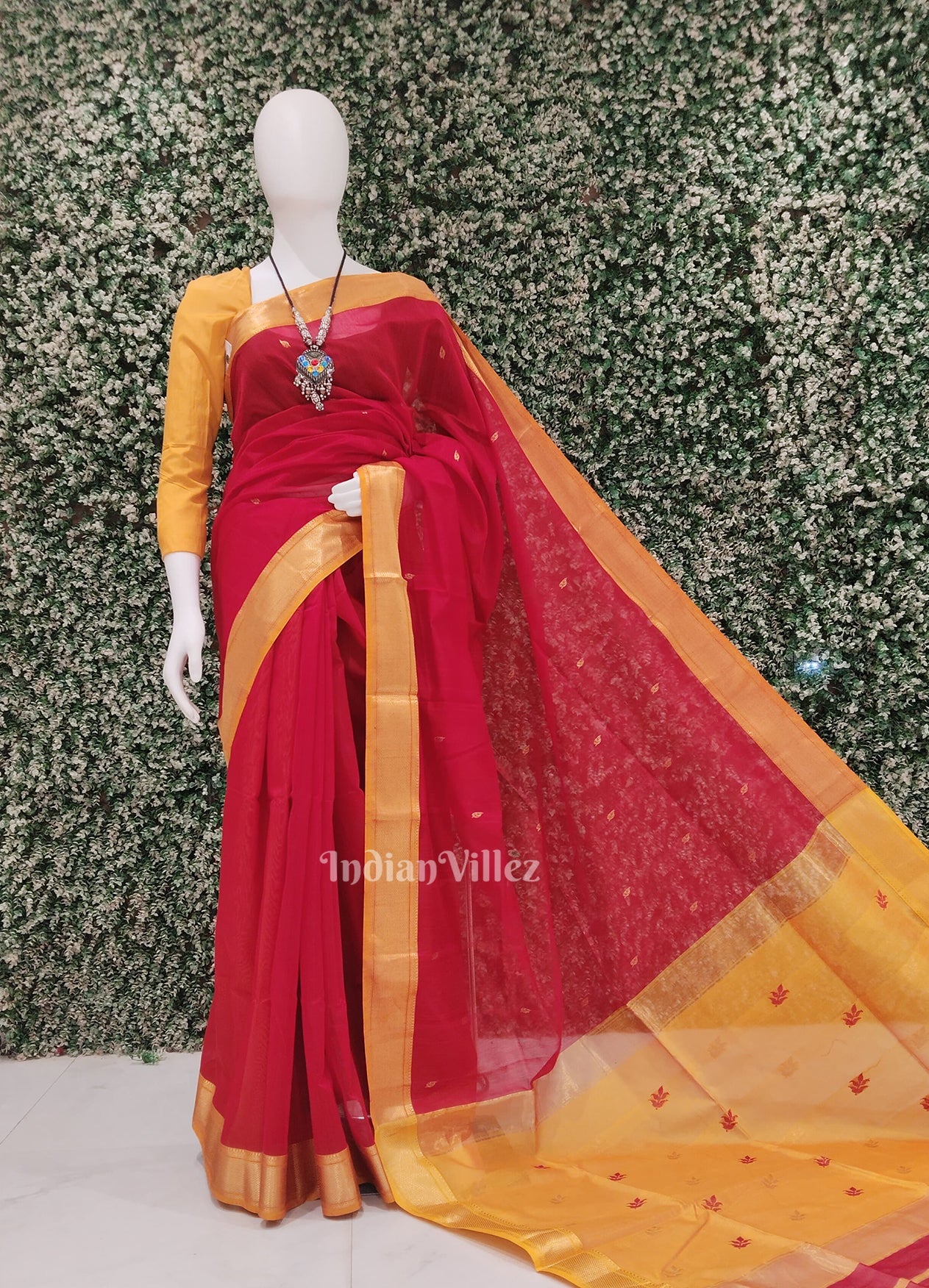 Deep Red Yellow Pure Silk Cotton Maheshwari Saree