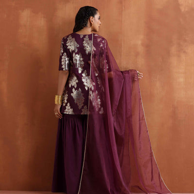 trueBrowns Purple Metallic Sharara Dupatta Set