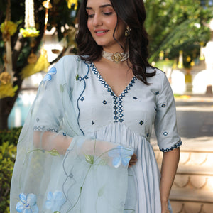 Blue Blossom Handpainted Cotton Silk Suit Set