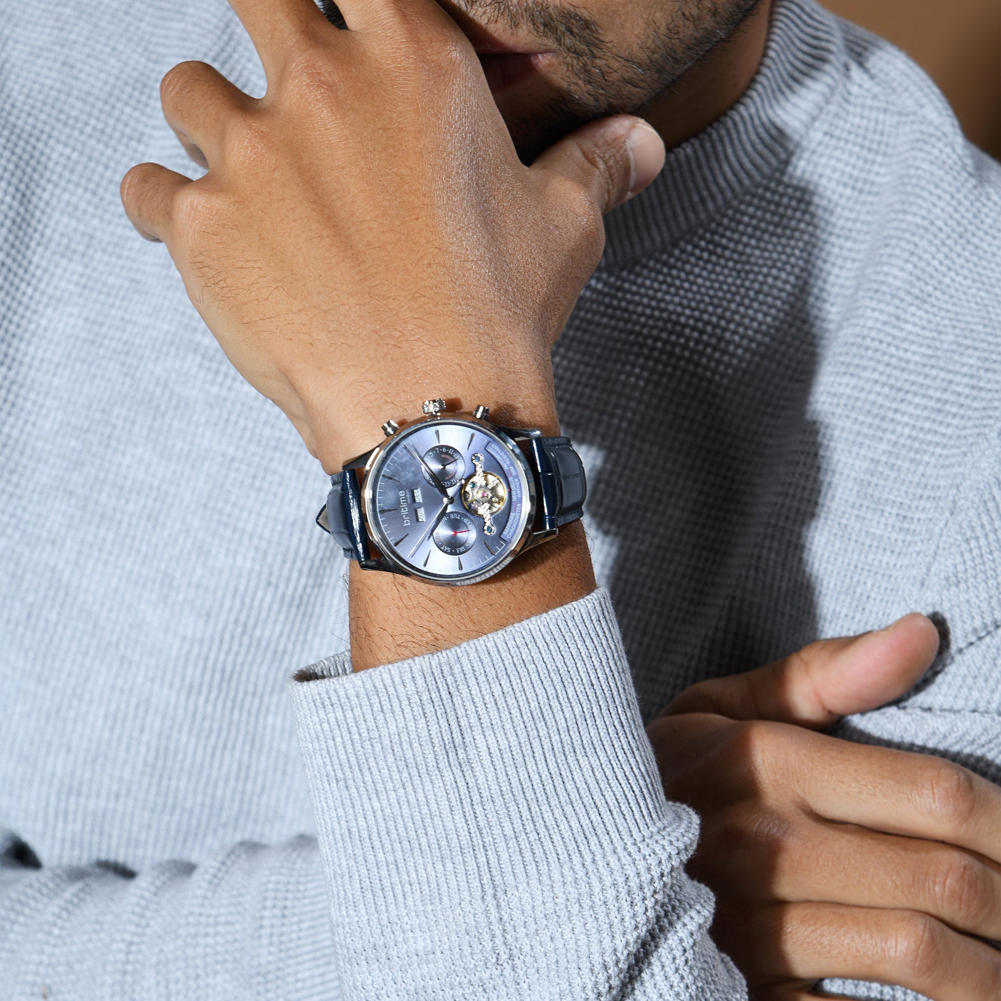 Celestial Men Automatic Blue Dial Chronograph Leather Watch 867-L10507