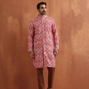 trueBrowns Men's Beige Printed Front Open Kurta