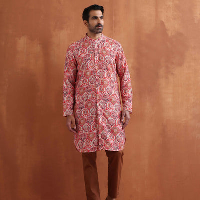 trueBrowns Men's Beige Printed Front Open Kurta