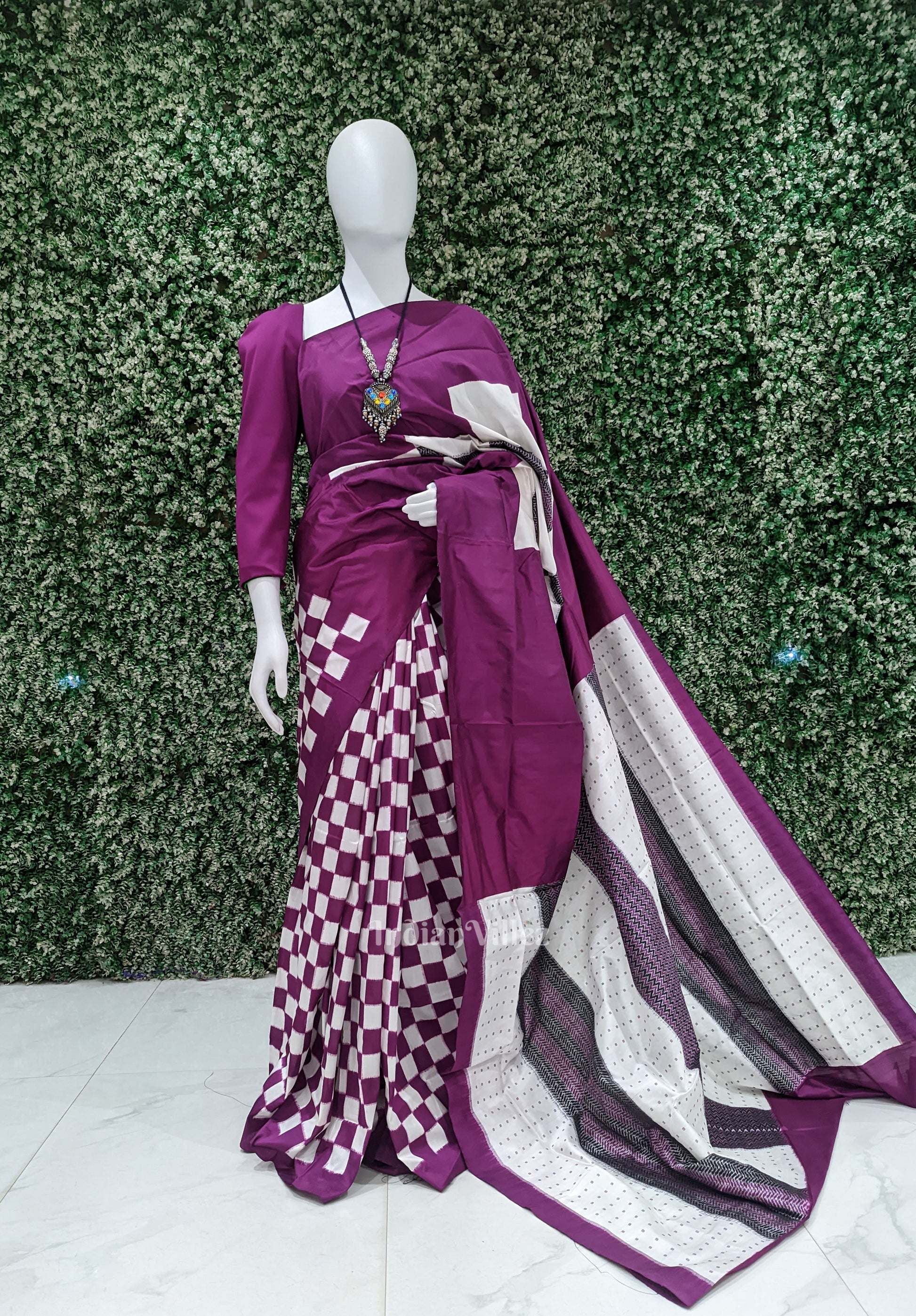 Black White & Purple Odisha Ikat Pasapali Sambalpuri Silk Saree