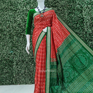 Deep Red Green Tribal Theme Sambalpuri Silk Saree