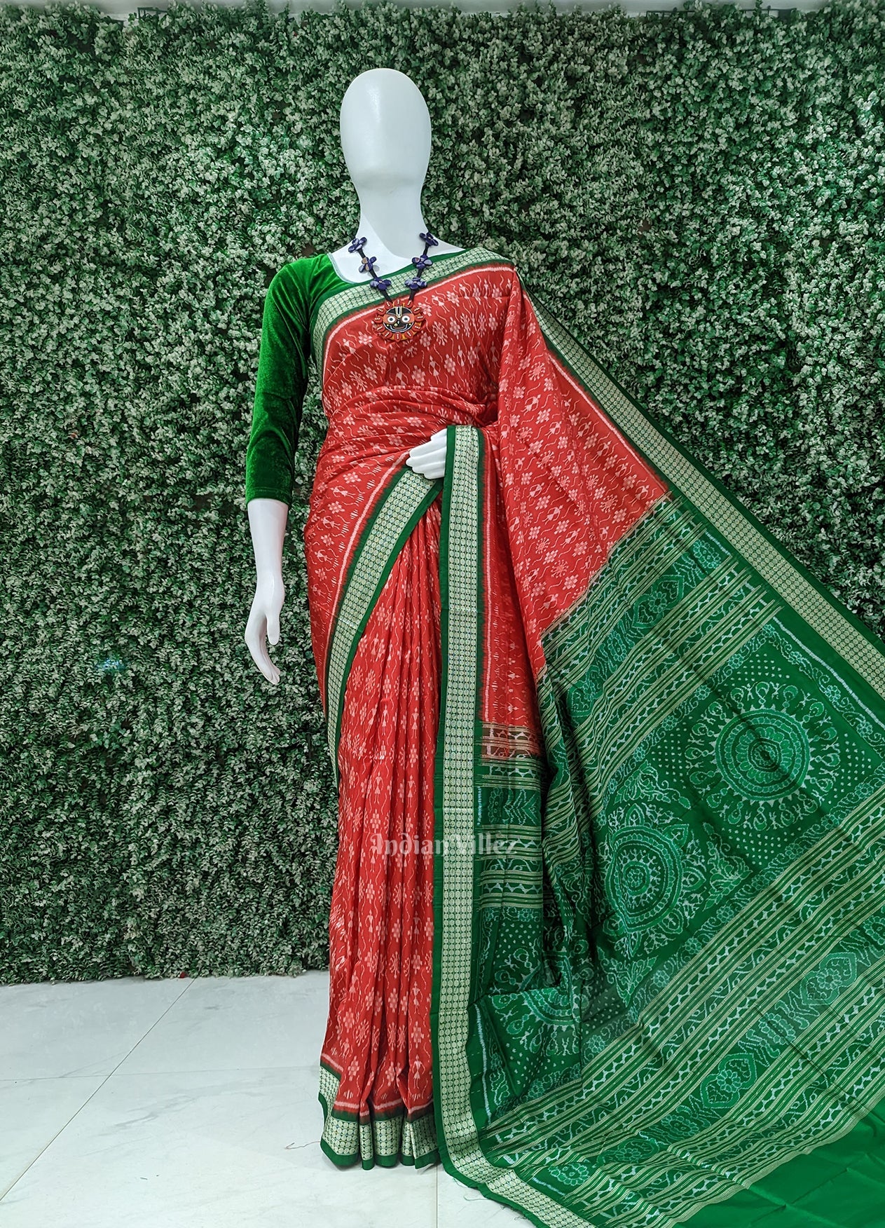 Deep Red Green Tribal Theme Sambalpuri Silk Saree