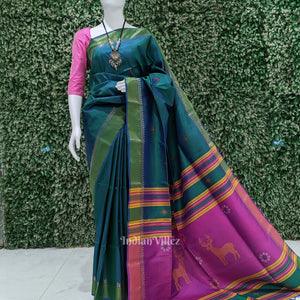 Green With Soft Maroon Pure Bishnupuri  Silk Saree