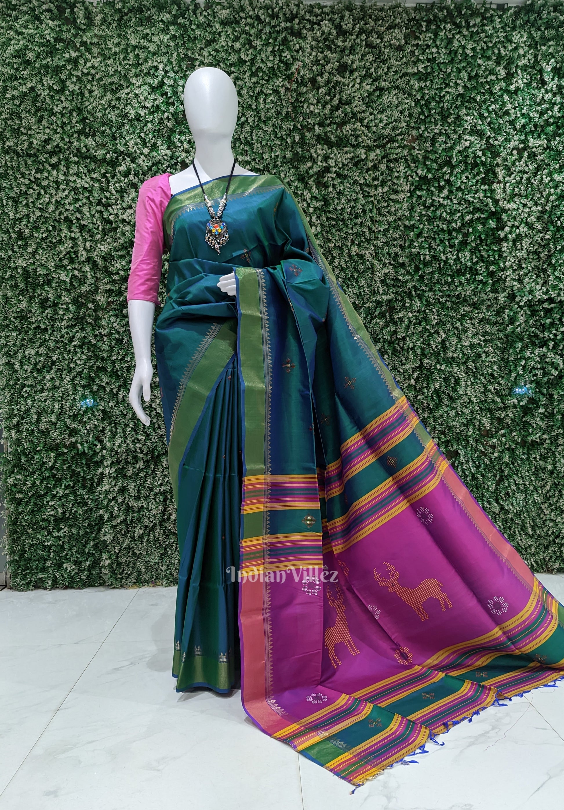Green With Soft Maroon Pure Bishnupuri  Silk Saree