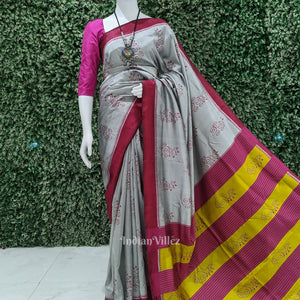 Silver Grey With Maroon Designer Odisha Ikat Contemporary Silk Saree