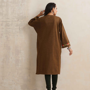 trueBrowns Brown Kashmiri Embroidered Woollen Phiran Kurta