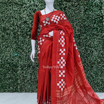 Pure Red Odisha Ikat Contemporary Silk Saree With Pasapali Theme