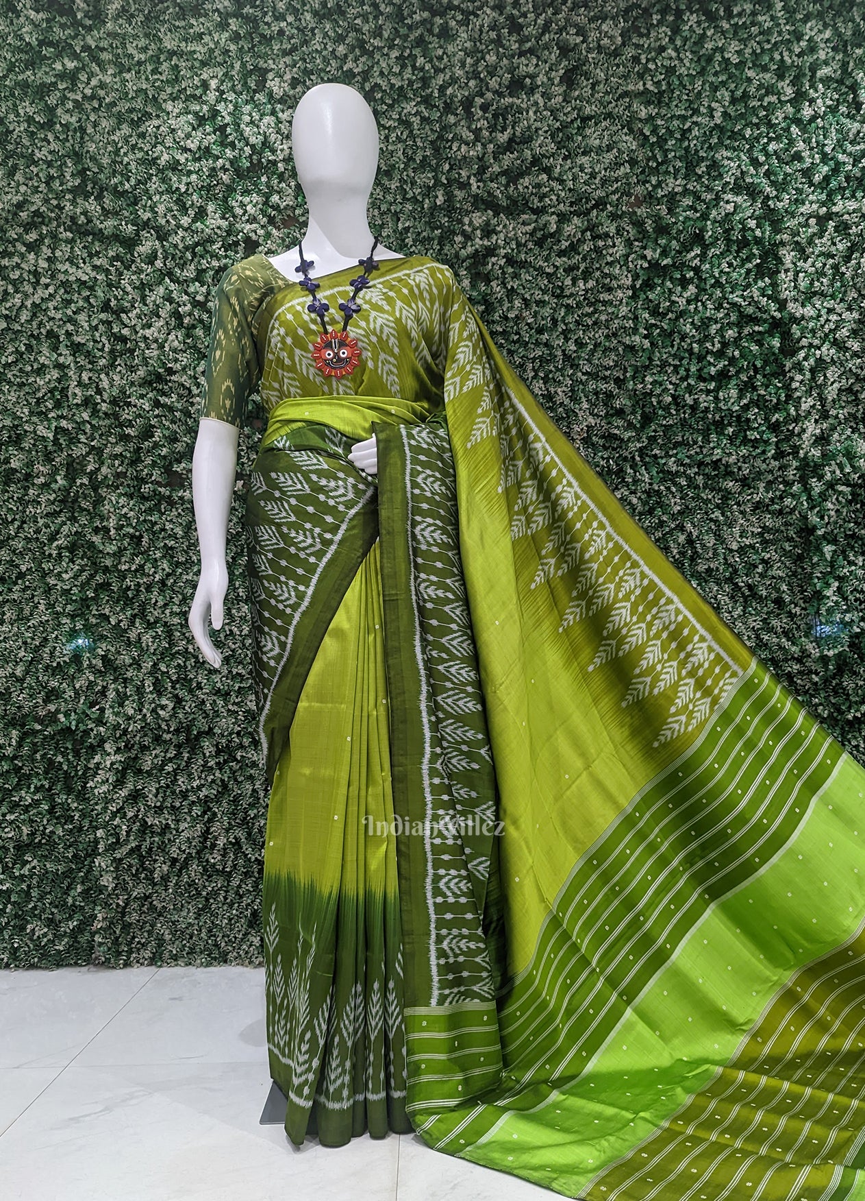 Parrot Green Buti Design Odisha Ikat Contemporary Designer Saree