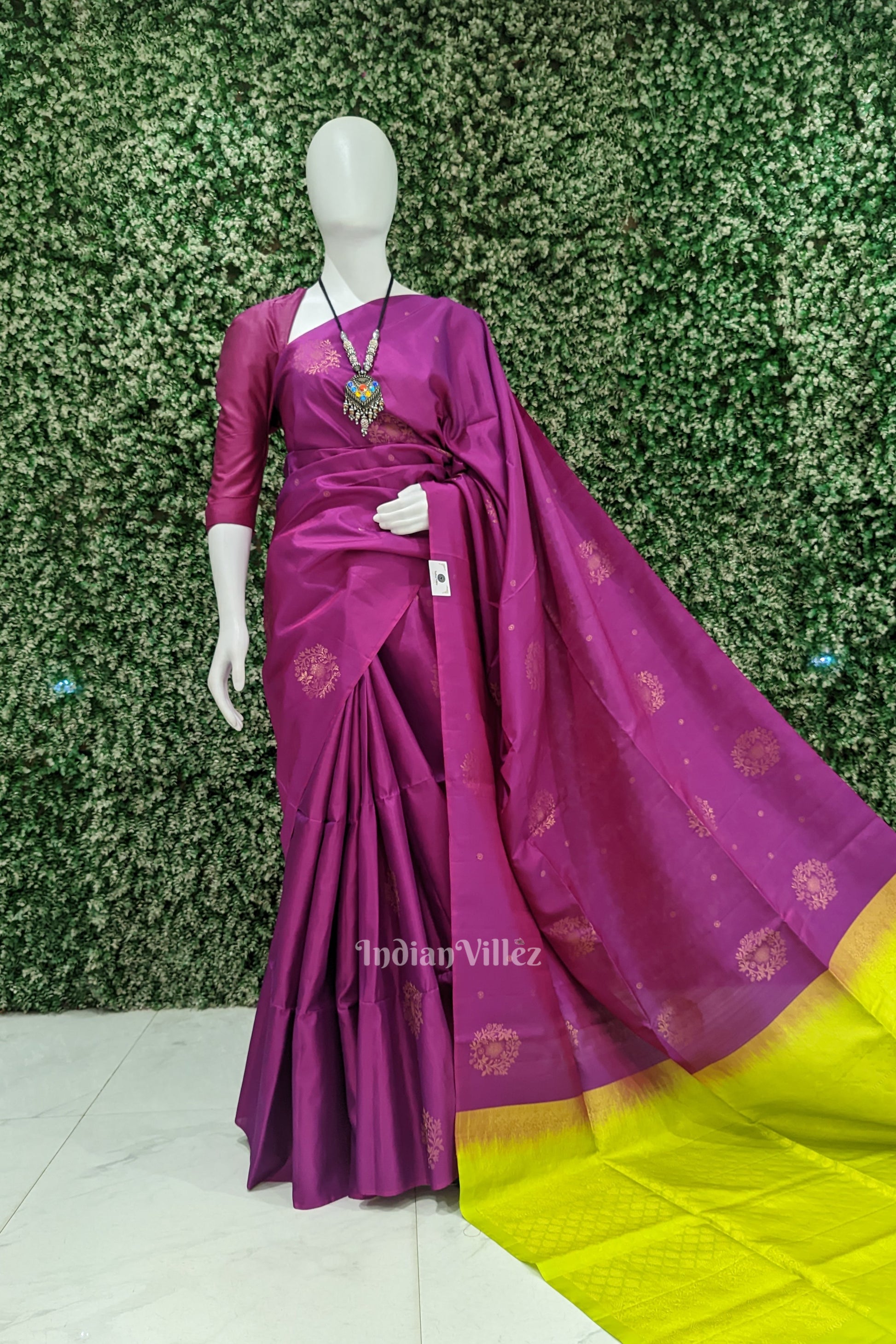 Purple With Parrot Green Pure Kanjivaram Soft Silk Saree