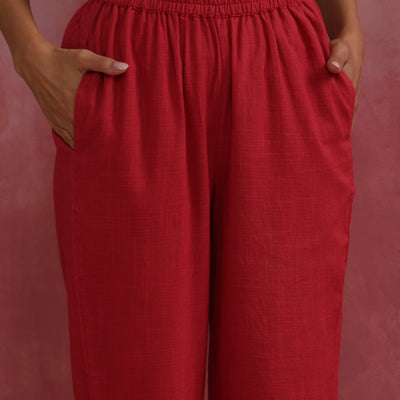 trueBrowns Red Straight Cotton Dobby Kurta Set