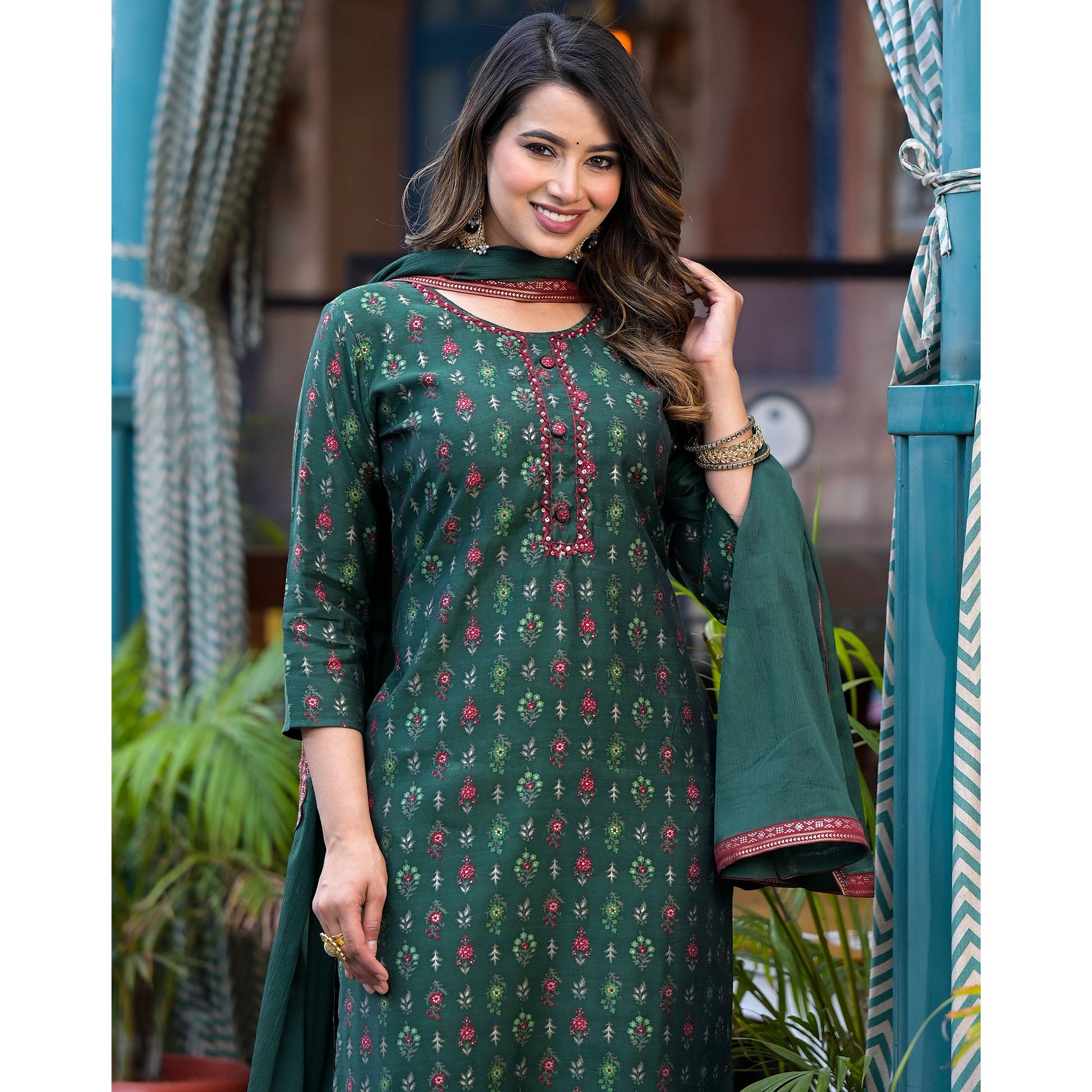 Bottle Green Floral Kantha Work Embroidered Chanderi Silk Salwar Suit