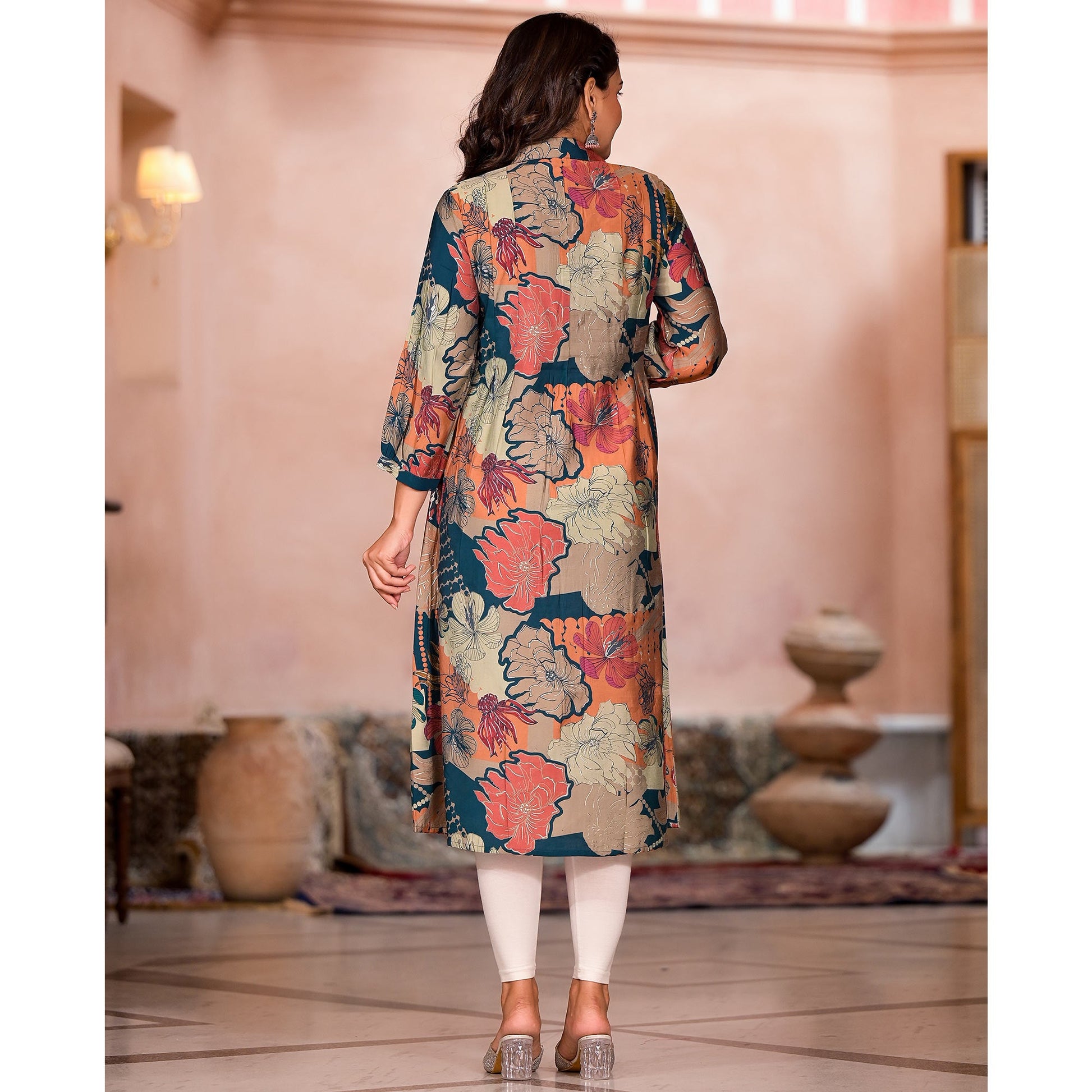 green-floral-printed-chanderi-silk-a-line-dress
