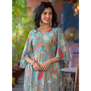 green-floral-foil-printed-chiffon-a-line-dress