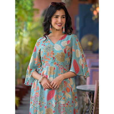 green-floral-foil-printed-chiffon-a-line-dress
