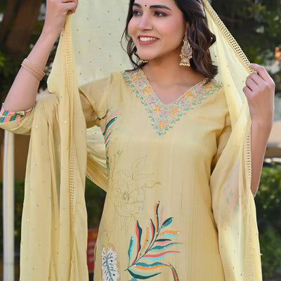 Lime Yellow Sequins Work With Printed Muslin Salwar Suit