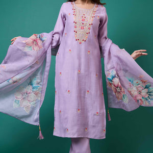Lavender Handwork Embroidered Viscose Straight Salwar Suit
