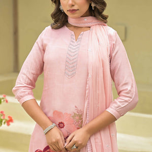 Blush Peach Floral Printed Muslin Straight Salwar Suit With Handwork