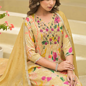 Chikoo Floral Printed Muslin Anarkali Style Salwar Suit With Hand Work