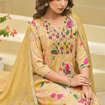 Chikoo Floral Printed Muslin Anarkali Style Salwar Suit With Hand Work