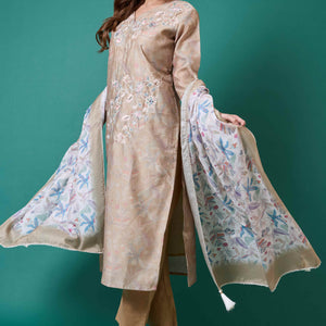 Light Olive Floral Embroidered Chanderi Silk Straight Salwar Suit