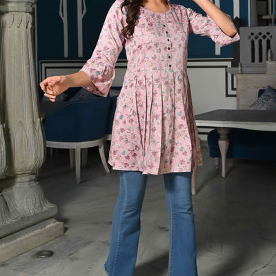 Light Purple Floral Foil Printed Rayon A-Line Top