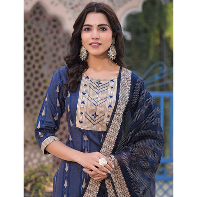 Blue Woven Pure Cotton Straight Salwar Suit